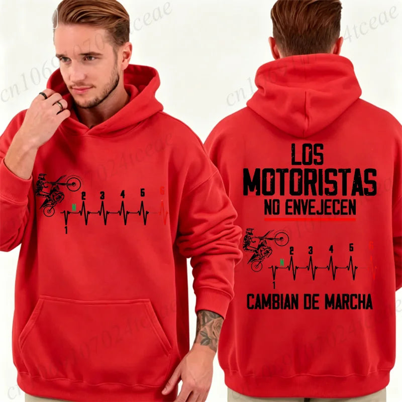 Mens Spanish Motorcycle Biker Hoodies Los Motoristas No Envejecen Print Pullover Hooded Sweatshirt Fleece Casual Outerwear Gift