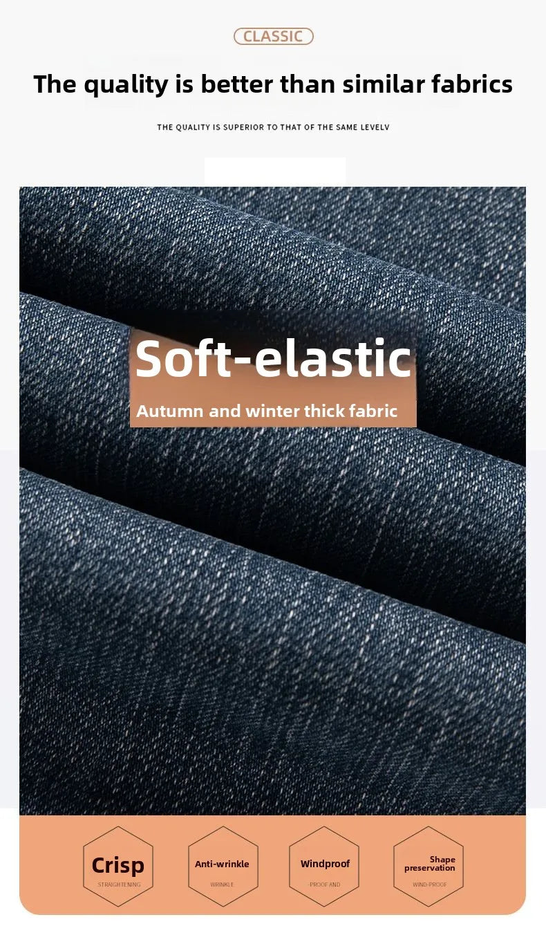 Winter Warm Men's Jeans Fleece Thickened Elastic Smoke Gray Black Business Straight Casual Denim Pants Brand Man PlushClothes