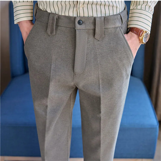 Autumn Winter High Quality Men's Wool Blends Suit Pants Solid Striped Smart Casual Slim Fit Suit Trousers Men Woolen Dress Pants