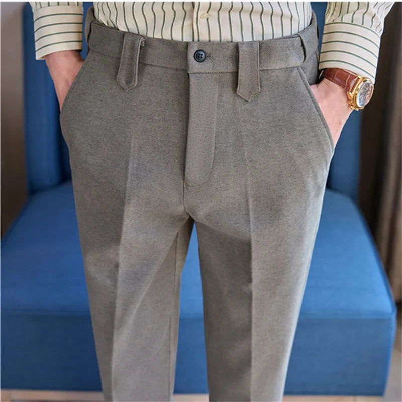 Autumn Winter High Quality Men's Wool Blends Suit Pants Solid Striped Smart Casual Slim Fit Suit Trousers Men Woolen Dress Pants