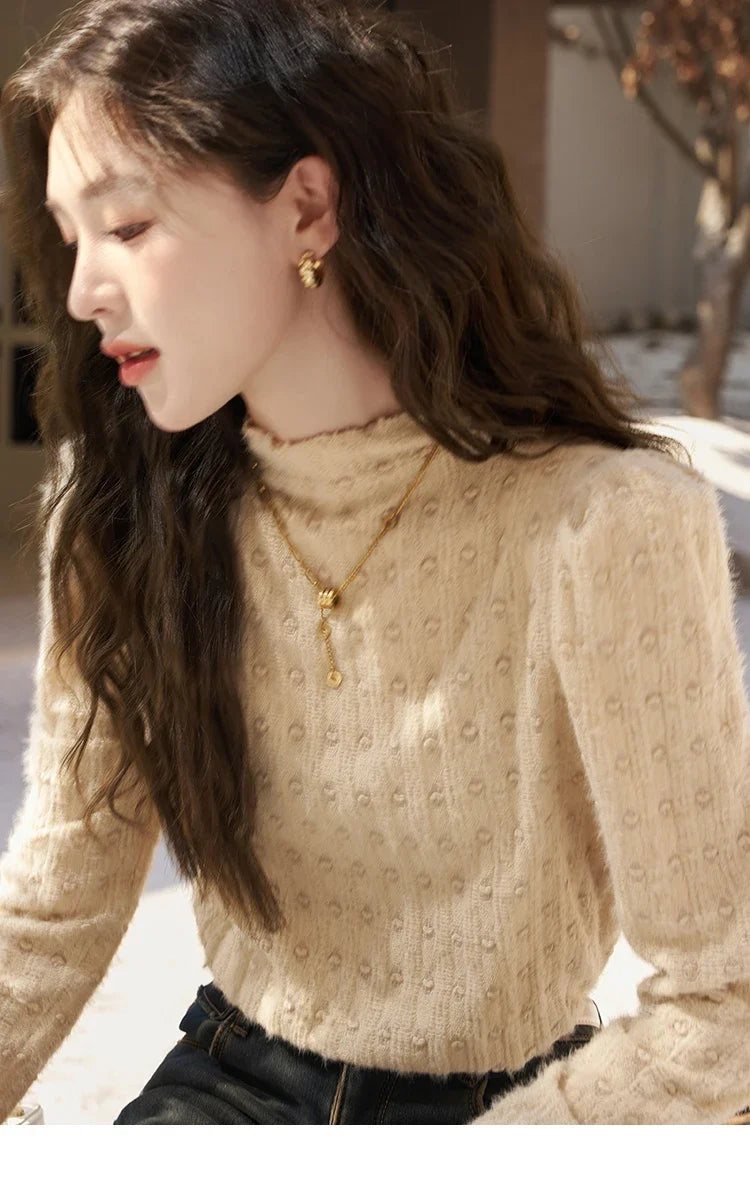 Lace Bottoming Shirt Women Autumn Winter Mock Neck Long Sleeve Knitted Pullover French Warm Inner Top Female MXC58Z0481