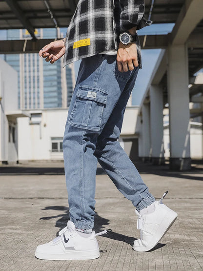 Men's Jogger Jeans Washed Cotton Slight Stretch Multi-Pockets Denim Cargo Pants Asian Size L-6XL