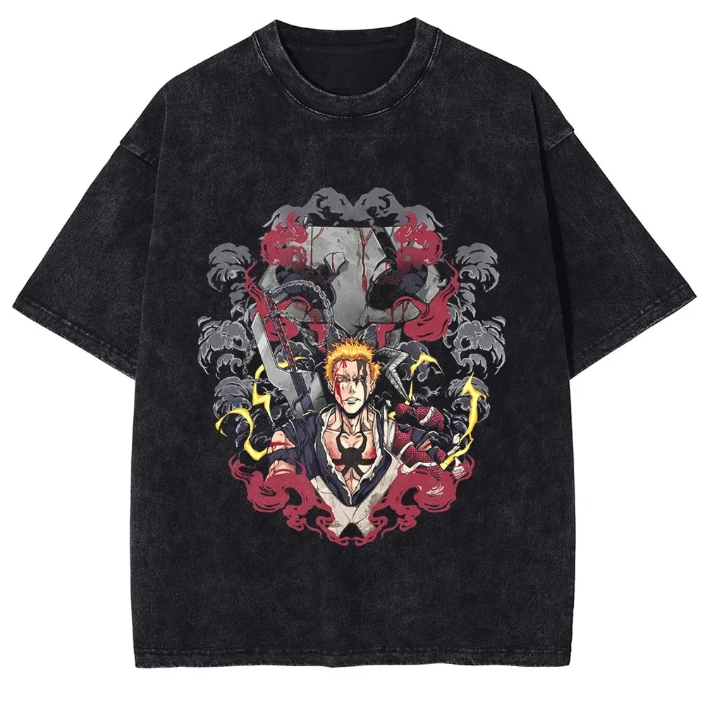 Japan Classic Anime BLEACH Zaraki Kenpachi Print T-shirt Men WomenCasual Tees Vintage Style Cotton Clothing Harajuku Washed Tops