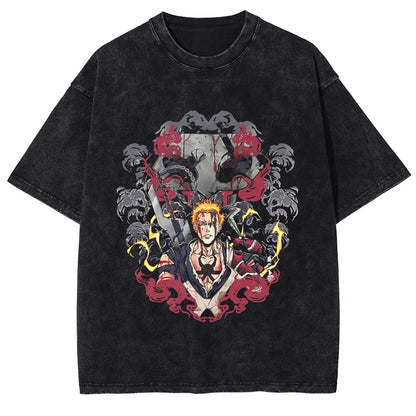 Japan Classic Anime BLEACH Zaraki Kenpachi Print T-shirt Men WomenCasual Tees Vintage Style Cotton Clothing Harajuku Washed Tops