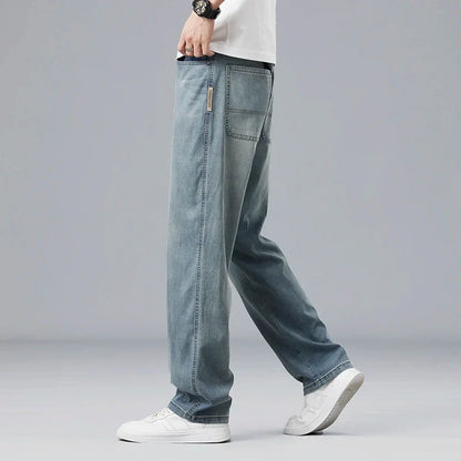 Summer Ultra-thin Lyocell Men's Jeans Drape Soft Fabric Loose Straight Casual Denim Pants Elastic Ice Silk Male Trousers
