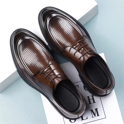New Lace Designer Derby Shoes for Man Hallow Breathable Business Casual Leather Shoes Male Summer Autumn Fashion Dress Shoe Man
