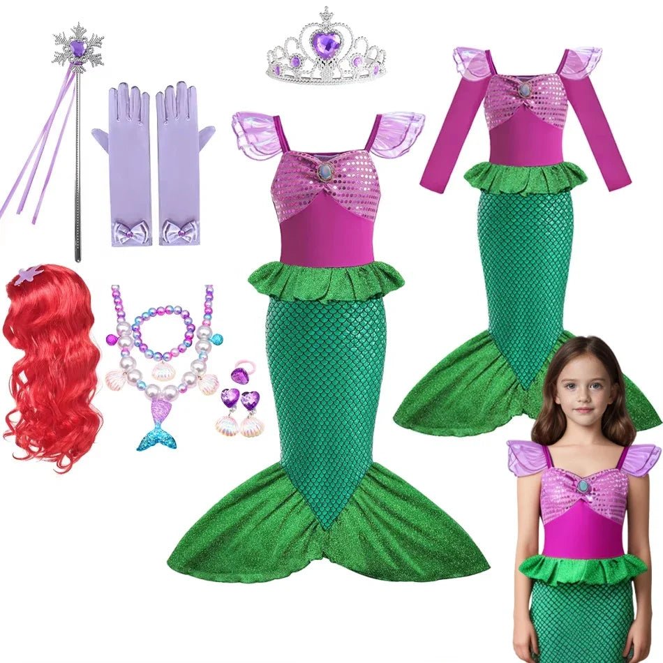 Mermaid Ariel Girls Dress Short Sleeve Tulle Cosplay Princess Costume Carnival Party Girl Princess Dress Party Dresses For Girls