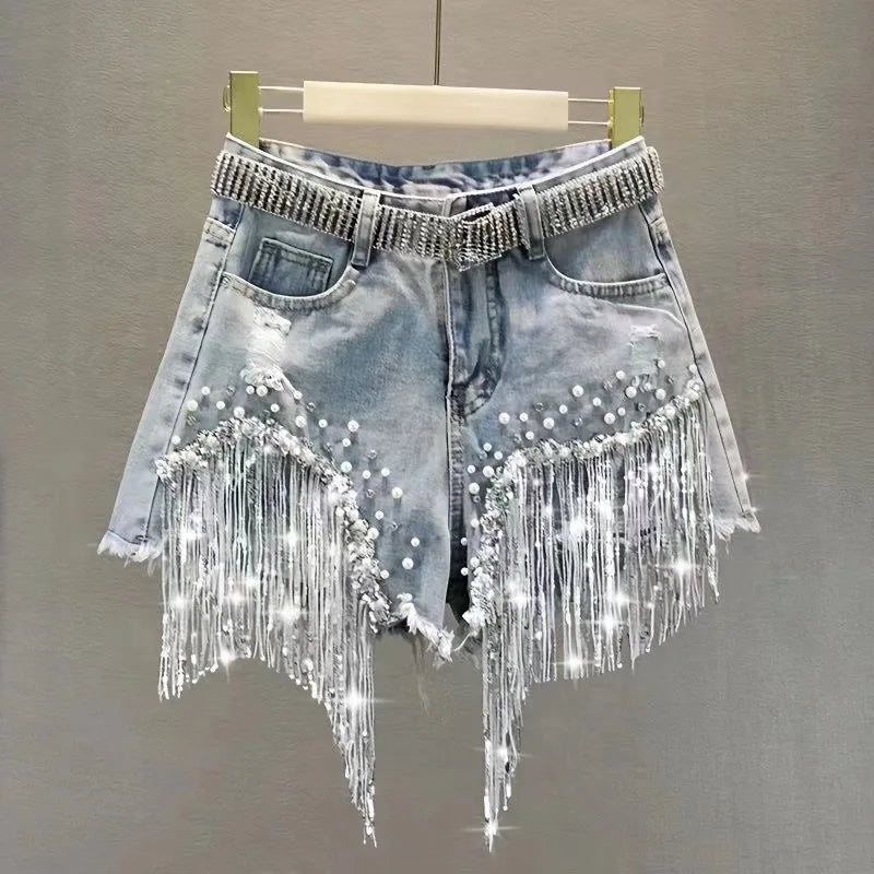 New 2026 Summer Women Heavy Beaded Rhinestone Shorts High Waist Sequin Tassel Ripped Wide Leg Hot Pants