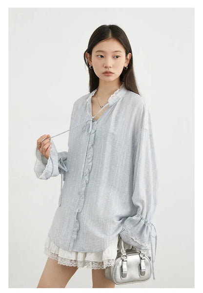 Women Shirt Single Breasted V-neck Loose Casual Long Sleeve New Stand Up Collar Coat Female Blouse Spring Autumn 2025