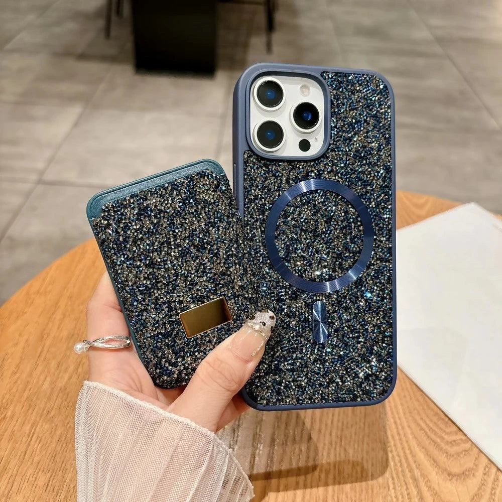 Luxury Glitter Flash Diamond Case With Magnetic Card Bag For iPhone 17 Air 16 15 14 Plus 13 12 Pro Max Anti-drop Protector Shell