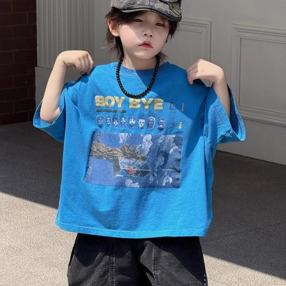 2026 New Boys' Summer Short Sleeve T-Shirt 100% Cotton Stylish Printed Half Sleeve Kids' Tops Trendy Cool Design for Boys