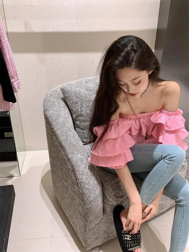 Off Shoulder Fashion Woman Blouse Stacked Ruffles Crop Top Shirt Summer Designer Short Sleeve Chiffon Sexy 2023 New