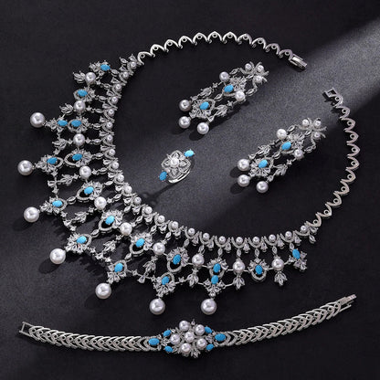 2024 New Pearl Jewelry Sets For Women Wedding Party Accessories Luxury CZ Dubai African 4-piece Bridal Jewelry Set