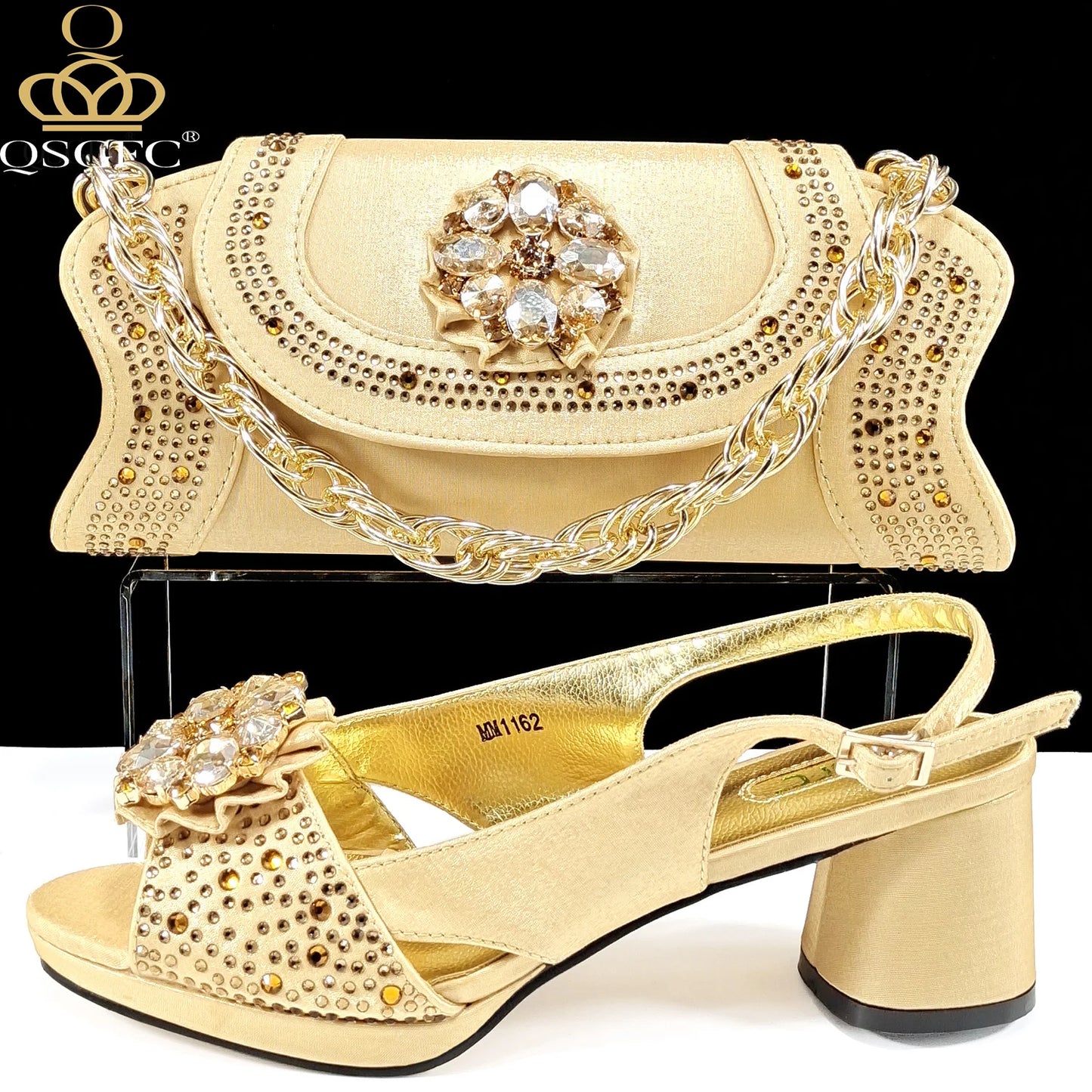 Open Toe Women Heels for 2024 Elegant Party Olive Color Diamond Pumps Italian Shoes and Bags Matching Set