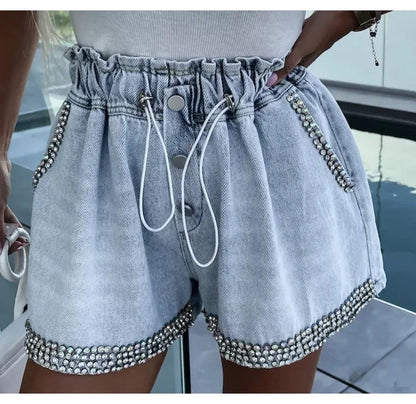 Denim Shorts for Women Streetwear Fashionable and Casual Rhinestone Versatile Y2k Cowboy Half Pants for Female Summer 2024 New