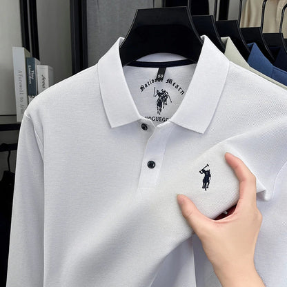 2025 New Cotton Long Sleeved T-shirt for Men, High End Embroidered Little Horse Logo Fashion Autumn/Winter Polo Top