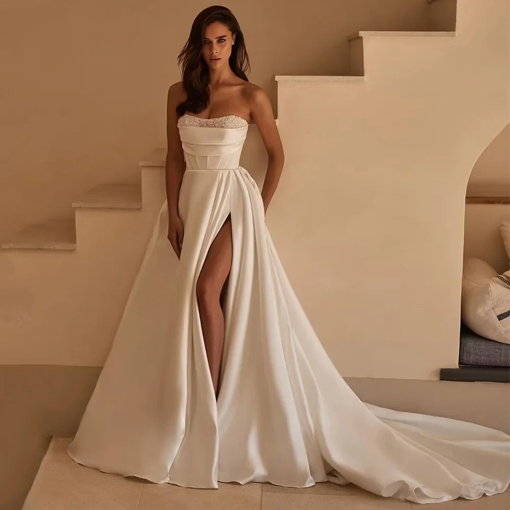 Stunning Woman Wedding Dress Customized Sweetheart Detachable Full Sleeves Beading Sequined Slit Satin Bridal Gown Bride