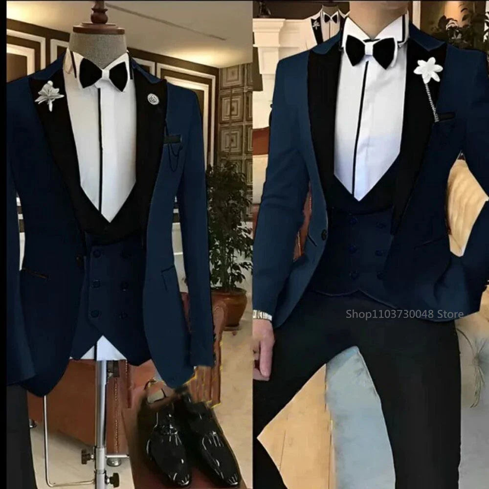 Solid Men's 3 Pieces Suit One Button Peak Lapel Jacket Vest Trousers Dinner Wedding Groom Tuxedos Slim Fit Formal Business Suits