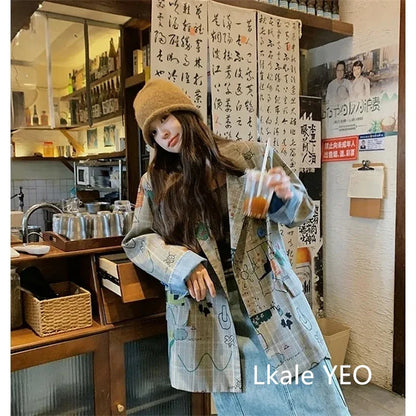 Women's Blazer Jacket 2025 Spring Autumn Fashion Graffiti Printed Ladies Lattice Suit Coat Casual Korean Version Lady Outerwear