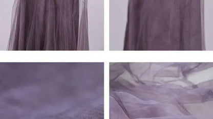 Slimming Effect Purple Mesh Ankle-Length Dress Women's plus Size Strapless Gown Korean Style High Waist A-Line Skirt