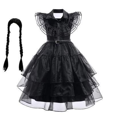 Wednesday Cosplay For Girls Costume Movie Addams Dresses for Girl Kids Mesh Party Dresses Halloween Carnival Costumes 4-12Yrs