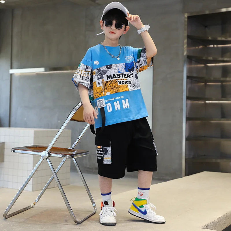 Summer Boys Cotton Alphabet Picture Printed T-Shirt Tops+Shorts School Kids Tracksuit Children 2PCS Outfit Workout Set 3-16 Yr