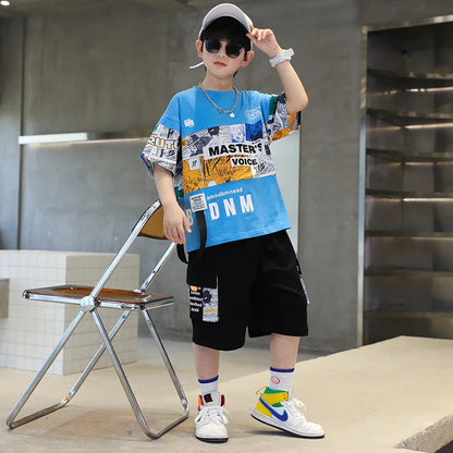 Summer Boys Cotton Alphabet Picture Printed T-Shirt Tops+Shorts School Kids Tracksuit Children 2PCS Outfit Workout Set 3-16 Yr
