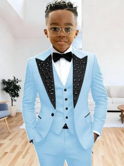 Boys Luxury Beaded Suit Set 3 Pieces For Evening Party High Quality Peak Lapel Suits Piano Performance Wear Elegant Plus Size
