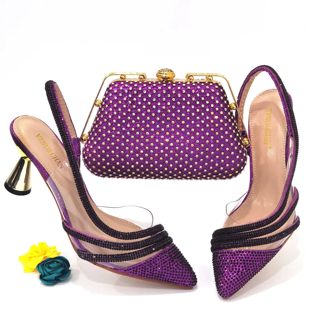 Italian Pointed Toe Wedding Shoes Gold Color Summer Sandal for Women 2023 High Heels Rhinestone Shoe and Bag Set