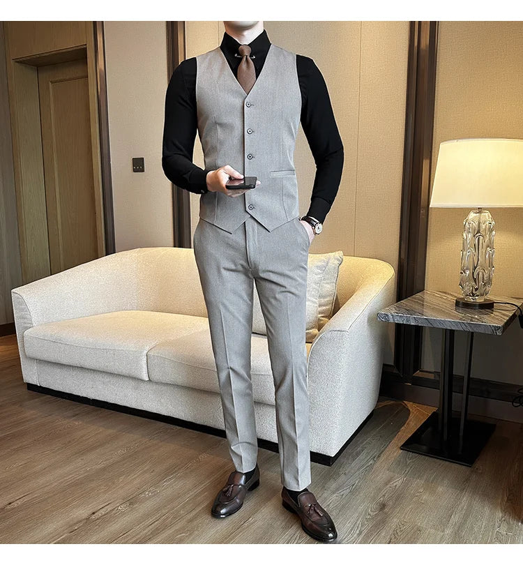 ( Vest + Pants) Men Luxury High Quality Business Suit Vest 2 pieces Formal Groom Wedding Dress Vest Set Fashion Club Clothing