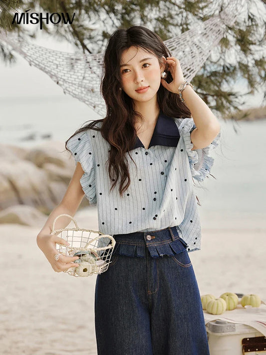Summer Office Lady Blouses Women 2025 Short Sleeve Turn-down Collar Polka Dot Shirts Female Fashion Slim Tops MXE31C0776