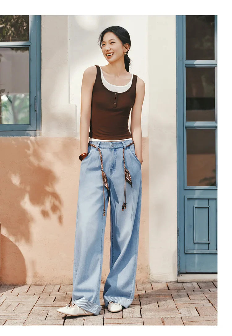 Women Jeans Soft Cool Patchwork Striped Wide Leg Denim Pants 2026 Summer Trendy Loose