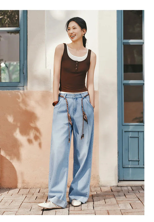 Women Jeans Soft Cool Patchwork Striped Wide Leg Denim Pants 2026 Summer Trendy Loose