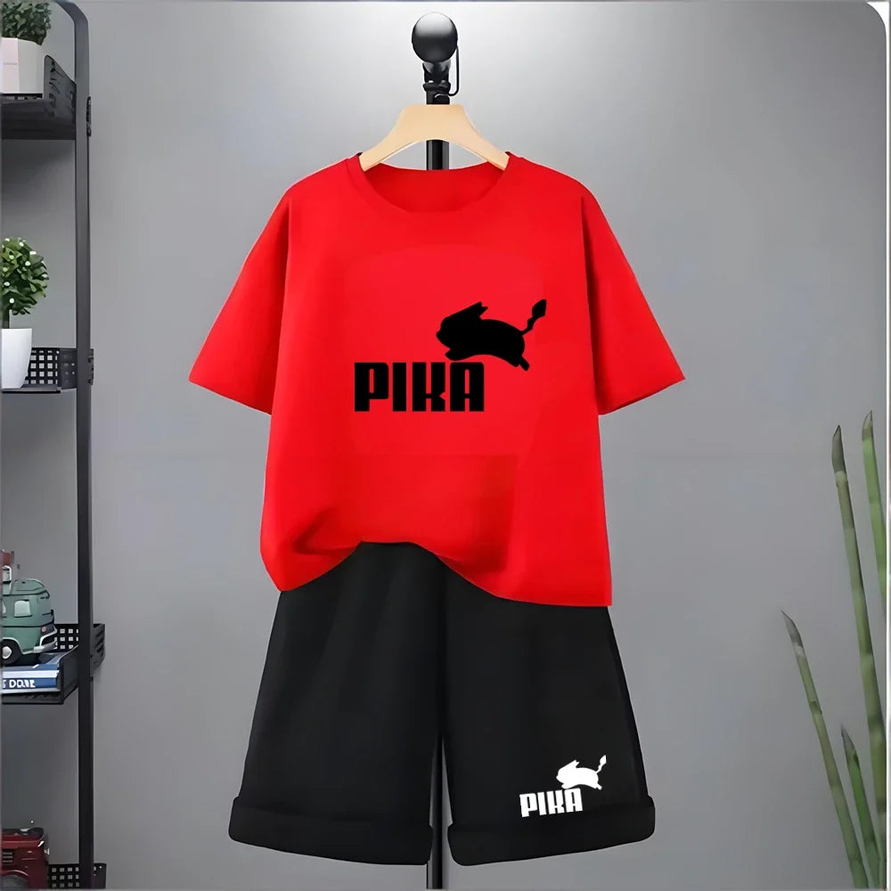 Summer Rabbit Graphics Boys Black Girls Pink Age 3-12 Tee+Shorts Suit Children Short Sleeve T-shirts Child  Casual Clothes