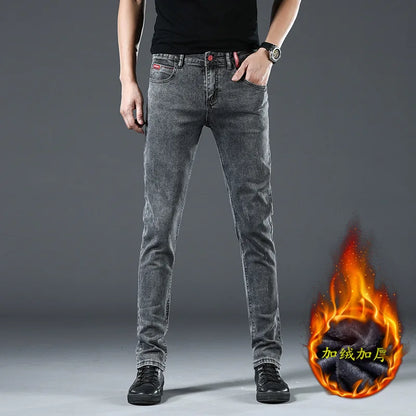 Winter Thick Plus Velvet Men Middle Waist Skinny Jeans Simple Fleece Warm Slim Fit Stretch Boy Casual Denim Pencil Pants