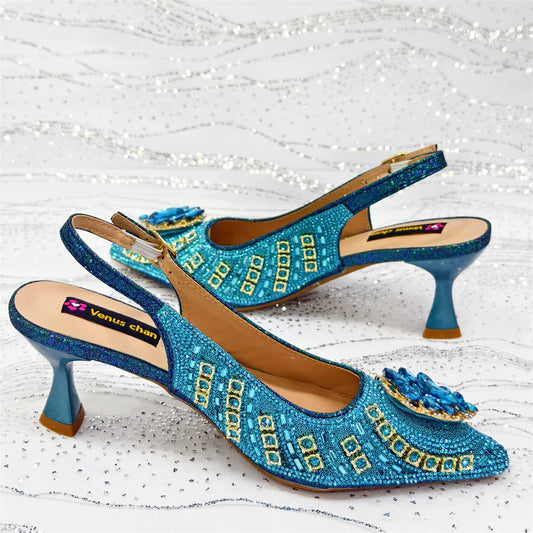 2025 Newst Italian Butter-fly Design Party Wedding Pointed Toe Slingback Sandals with Bag Set in Sky Blue Color