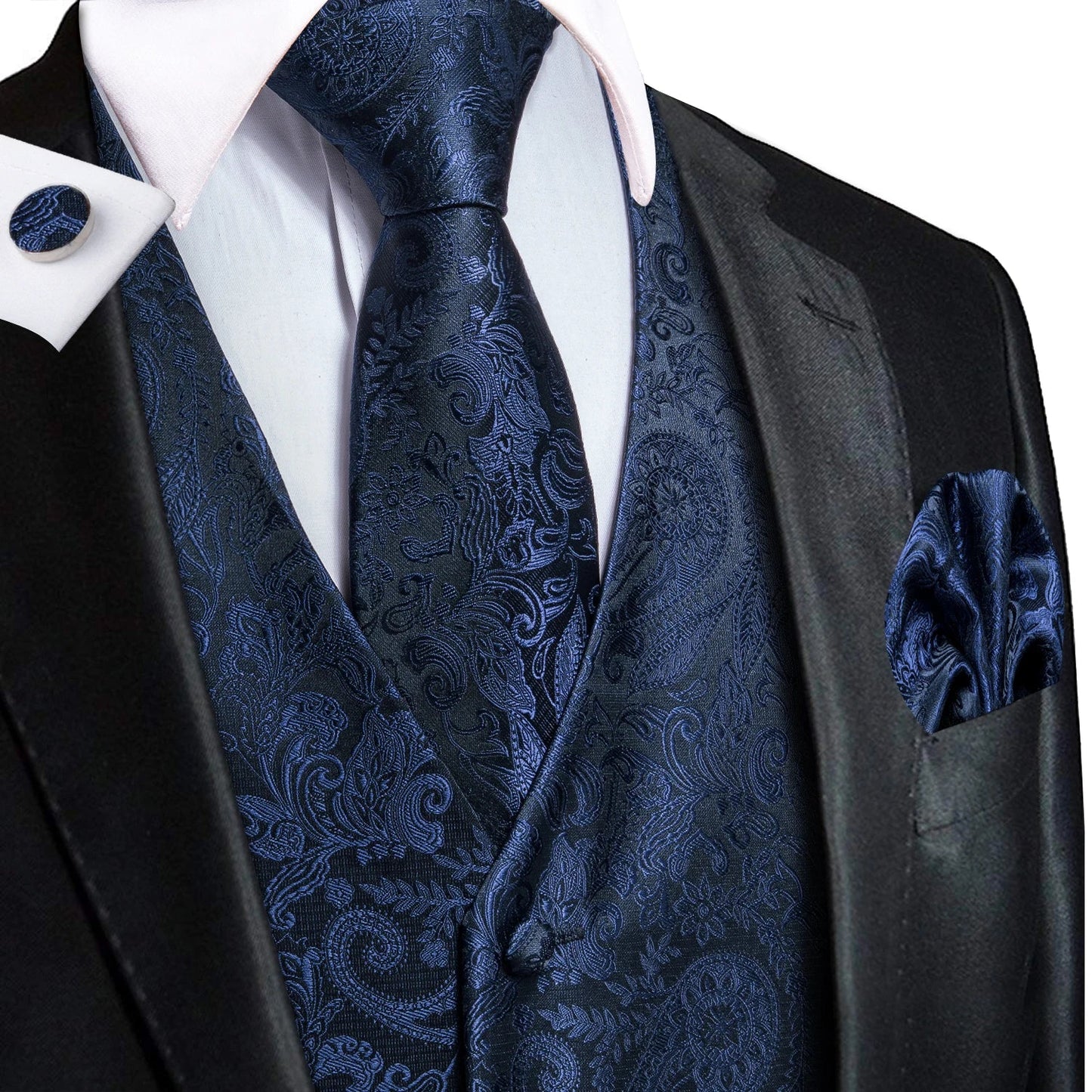 Men's Silk Vests Fashion Dark Green Floral Jacquard Handkerchief Cufflinks Necktie Sleeveless Wistcoat Sets Wedding Party