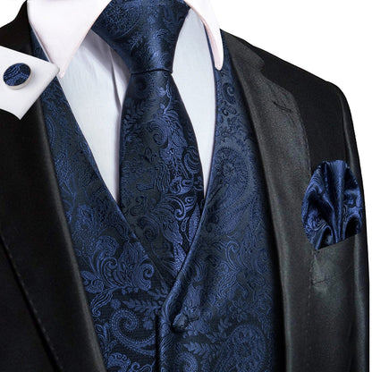 Men's Silk Vests Fashion Dark Green Floral Jacquard Handkerchief Cufflinks Necktie Sleeveless Wistcoat Sets Wedding Party
