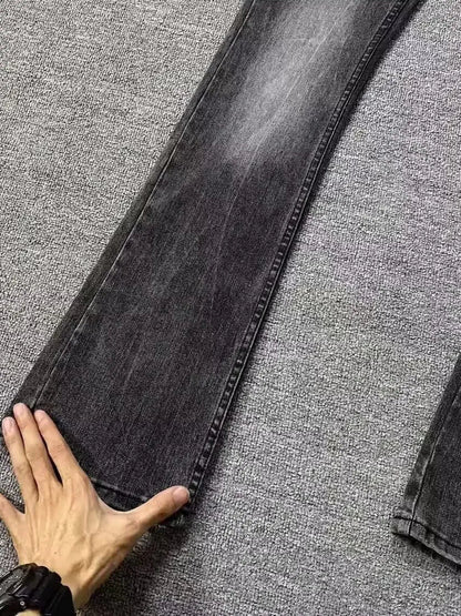 High Street Washed Black Grey Jeans Men Summer Slimming Tall Micro Flared Pants Youth Trendy Long Jeans High Waist