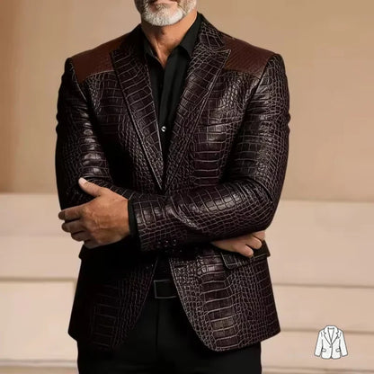 Men's Blazer Crocodile Embossed Leather Suit Jacket Shoulder Patch Notch Lapel Two Button Sport Coat Business Casual Flap Pocket