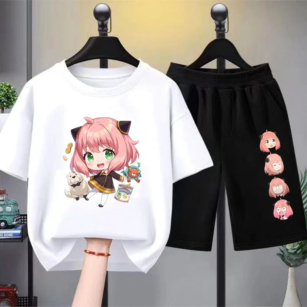 Anime Spy X Family Children T-Shirt+Bottom Wear Age 3-12 Girls Pink Set Black 2pcs Kids Set Print Summer Cool T-Shirt