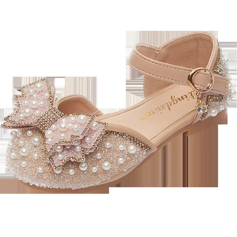 2026 New Summer Girls Sandals Cute Bow Pearl Sequins Kids Princess Shoes Flat Heels Dancing Shoes Size 21-36