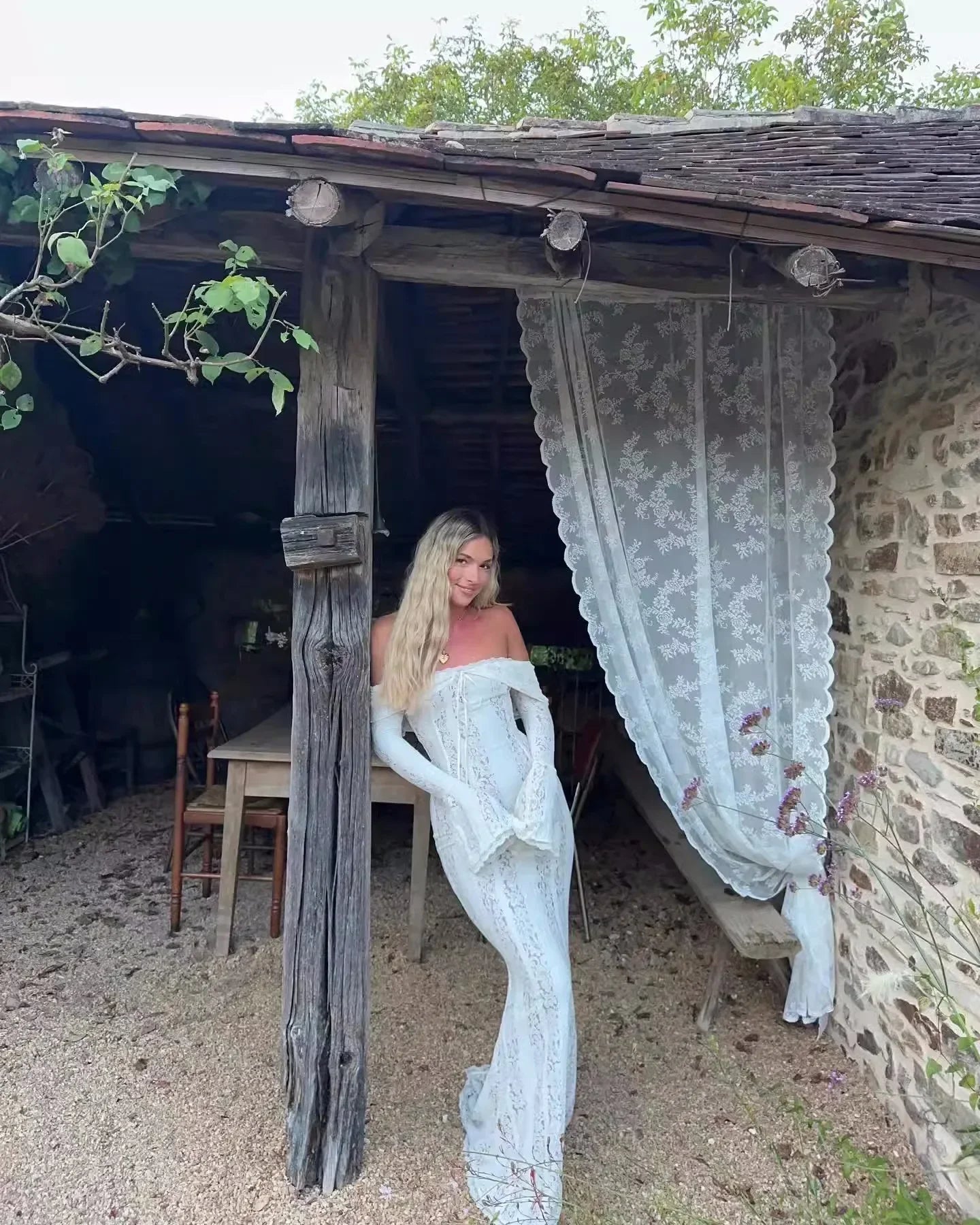 Elegant Off The Shoulder Bodycon Dress 2024 New in White Flare Sleeve Lace Maxi Dress Wedding Guest Dress for Women