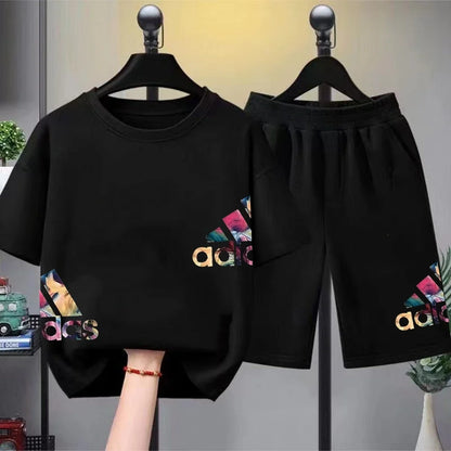Summer Boys Girls Tee+Shorts Suit Children Short Sleeve T-Shirts Child Loose Casual Pink Black Fashion White Stamp Clothes