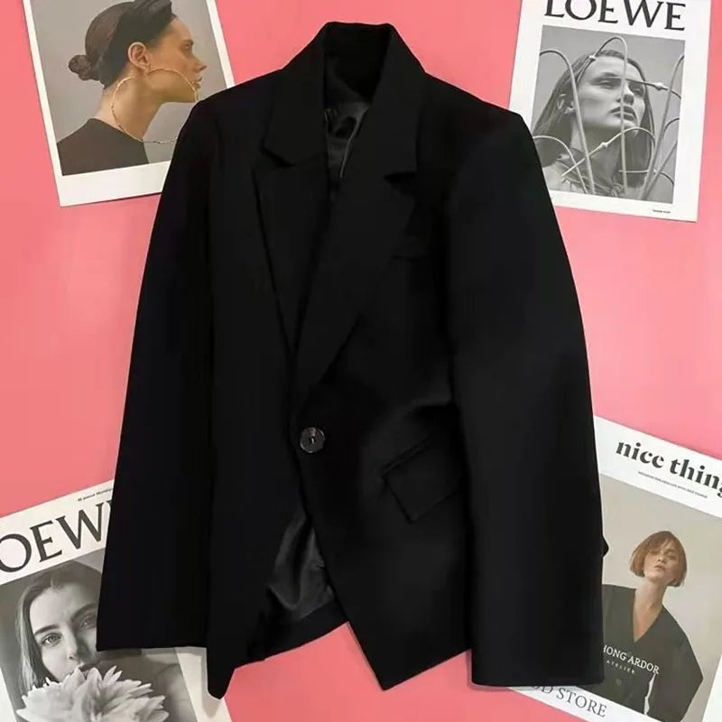 Women Fashion Single Button Blazer Vintage with Pockets Notched Neck Jacket Female Loose Version Long Sleeves Suit Outwear Tops