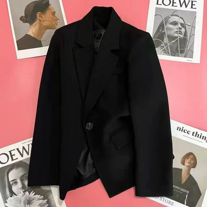Women Fashion Single Button Blazer Vintage with Pockets Notched Neck Jacket Female Loose Version Long Sleeves Suit Outwear Tops