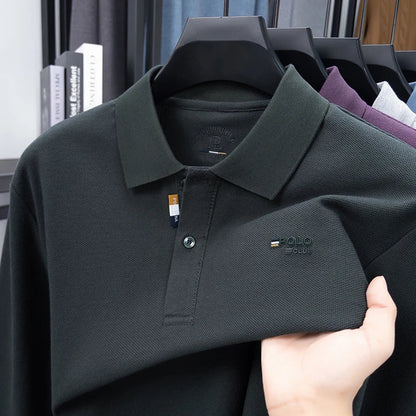 100% Pure Cotton Chest Emblem Embroidered Men's Autumn Polo Shirt Fashionable Casual Business Slim Fit Breathable Top