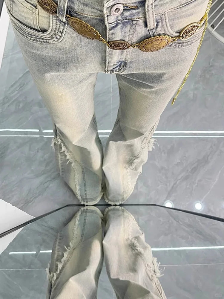 Vintage Casual Trashy Flared Pants Women's Y2K Tassels Full Length Denim Trouser Street Retro Grunge 2000s High Waist Jeans
