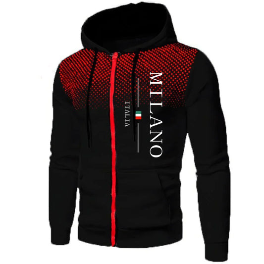 Italy Milan Print Men's Zip-up Hooded Outwear Fall Winter Male Daily Casual Sporty Jogging Hoodie Outdoor Motorcycle Riding Coat