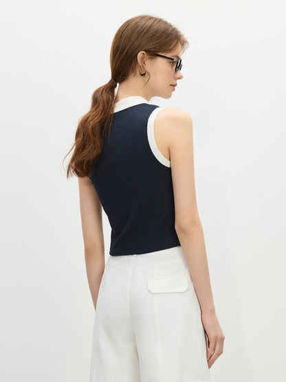 Minimalism Old Money Style POLO Collar Casual Vest for Women 2025 Summer New Arrival Slim Fit T-shirt Tank Top 25FS12210